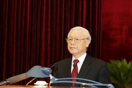 Tổng Bí thư Nguyễn Phú Trọng phát biểu bế mạc Hội nghị. (Ảnh: Trí Dũng/TTXVN)