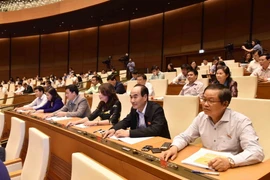 Các đại biểu Quốc hội biểu quyết thông qua Nghị quyết điều chỉnh kế hoạch đầu tư công trung hạn giai đoạn 2016-2020. (Ảnh: Phương Hoa/TTXVN)