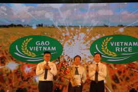 Ban tổ chức trao thưởng cho tác giả thiết kế Logo thương hiệu gạo Việt Nam. (Ảnh: Thanh Bình/TTXVN)