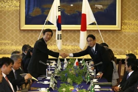 Ngoại trưởng Nhật Bản Fumio Kishida (phải) có cuộc gặp với Ngoại trưởng Hàn Quốc Yun Byung-se (trái) đang trong chuyến thăm Nhật Bản. (Ảnh: Kyodo/TTXVN)
