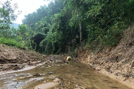 Suối Trầm đã được nạo vét rộng sang cả hai bên bờ để bóc tách lớp đất cùng thảm thực vật nhiễm dầu. (Ảnh: Sơn Bách/Vietnam+)