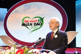 Tổng Bí thư, Chủ tịch nước Nguyễn Phú Trọng, Chủ tịch danh dự Hội Chữ thập đỏ Việt Nam đến dự và phát biểu. (Ảnh: Trí Dũng/TTXVN)