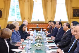 Thủ tướng Nguyễn Xuân Phúc hội đàm với Thủ tướng Na Uy Erna Solberg. (Ảnh: Thống Nhất/TTXVN)
