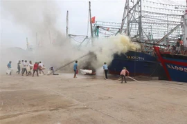Diễn tập phương án chữa cháy tại Cảng cá Lạch Quèn. (Ảnh: Văn Nhật/TTXVN)
