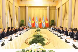 Tổng Bí thư, Chủ tịch nước Nguyễn Phú Trọng và Tổng thống Argentina Mauricio Macri tiến hành hội đàm. (Ảnh: Trí Dũng/TTXVN)