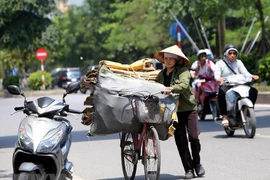 Người thu mua phế liệu mưu sinh giữa trời nắng gay gắt. (Ảnh: Danh Lam/TTXVN)