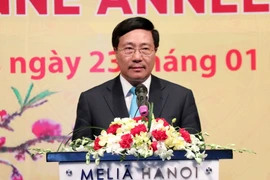 Phó Thủ tướng, Bộ trưởng Bộ Ngoại giao Phạm Bình Minh phát biểu tại buổi gặp mặt đoàn Ngoại giao. (Ảnh: Văn Điệp/TTXVN)