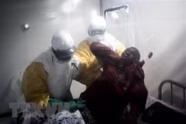 Nhân viên y tế hỗ trợ người nhiễm Ebola tại Trung tâm chăm sóc y tế khẩn cấp ở Beni, CHDC Congo. (Nguồn: AFP/TTXVN)