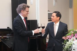 Thứ trưởng Thường trực Bộ Ngoại giao Bùi Thanh Sơn và Đại sứ Thụy Điển tại Việt Nam Pereric Högberg nâng cốc chúc mừng. (Ảnh: Lâm Khánh/TTXVN)