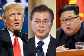 Tổng thống Mỹ Trump (trái), Tổng thống Hàn Quốc Moon Jae-in (giữa) và nhà lãnh đạo Triều Tiên Kim Jong-un. (Nguồn: UrduPoint.com)