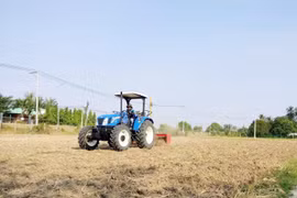 Thực hiện san phẳng mặt ruộng bằng thiết bị tia laser ở huyện Ninh Phước. (Ảnh: Công Thử/TTXVN)