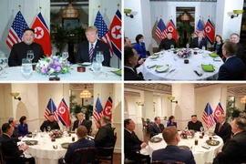 Báo Rodong Sinmun đăng phát các hình ảnh về Tổng thống Mỹ Donald Trump và Chủ tịch Triều Tiên Kim Jong-un dùng bữa tối thân mật. (Ảnh: Yonhap/TTXVN)