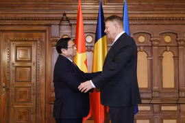 Thủ tướng Phạm Minh Chính hội kiến Tổng thống Romania Klaus Iohannis. (Ảnh: Dương Giang/TTXVN)