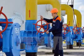 Công nhân vận hành một trạm bơm thuộc đường ống dẫn khí đốt tại thị trấn Boyarka ở Kiev, Ukraine. (Nguồn: AFP/TTXVN)