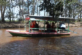 Những du khách đầu tiên tham quan Vườn quốc gia Tràm Chim được trải nghiệm cảm giác lướt trên mặt nước trên tàu năng lượng Mặt ​Trời. (Ảnh: Huỳnh Phúc Hậu/TTXVN)