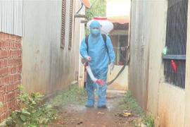 Phun xịt hoá chất khử trùng nhằm phòng ngừa bệnh bạch hầu. (Ảnh: TTXVN phát)