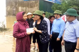 Phó Chủ tịch nước Đặng Thị Ngọc Thịnh trao quà hỗ trợ Trường Mầm non Liên Thủy, huyện Lệ Thủy, Quảng Bình sớm khắc phục hậu quả mưa lũ, đam bảo an toàn để đón học sinh trở lại trường. Ảnh: Võ Dung-TTXVN