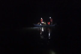 Lực lượng cứu nạn tìm kiếm công nhân mất tích xuyên đêm. (Ảnh: Xuân Triệu/TTXVN)