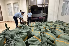 Gần 2 tấn xúc xích không rõ nguồn gốc xuất xứ bị lực lượng quản lý thị trường Quảng Ninh phối hợp phát hiện, thu giữ và tiêu hủy. (Ảnh: TTXVN phát)