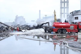 Lực lượng thuộc Phòng Cảnh sát Phòng cháy chữa cháy và Cứu nạn cứu hộ Công an tỉnh Ninh Bình phun nước khống chế vụ cháy. (Ảnh: Đức Phương/TTXVN)