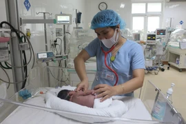 Bác sĩ Trương Lệ Thi, Trưởng khoa Hồi sức Cấp cứu Sơ sinh, Bệnh viện Sản Nhi Nghệ An chăm sóc bệnh nhi. (Ảnh: Bích Huệ/TTXVN)