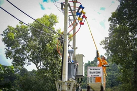 Công nhân Điện lực Mường Chà (tỉnh Điện Biên) đóng điện tại bản Hô Củng, xã Chà Tở, huyện Nậm Pồ . (Ảnh: Xuân Tư/TTXVN)