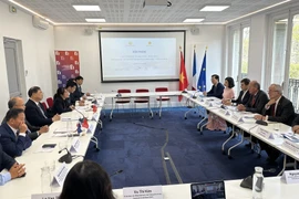 Bí thư Tỉnh ủy Nam Định Phạm Gia Túc làm việc với MEDEF. (Ảnh Ngọc Hiệp /TTXVN)