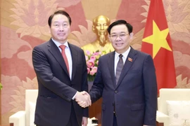 Chủ tịch Quốc hội Vương Đình Huệ tiếp Chủ tịch Tập đoàn SK, Hàn Quốc Chey Tae Won. (Ảnh: Doãn Tấn/TTXVN)