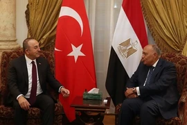 Ngoại trưởng Thổ Nhĩ Kỳ Mevlut Cavusoglu (trái) hội đàm với người đồng cấp Ai Cập Sameh Shoukry tại Cairo. (Nguồn: Getty Images) 