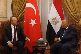 Ngoại trưởng Thổ Nhĩ Kỳ Mevlut Cavusoglu (trái) hội đàm với người đồng cấp Ai Cập Sameh Shoukry tại Cairo. (Nguồn: Getty Images) 