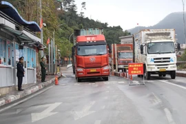 Lực lượng Biên phòng Cửa khẩu Quốc tế Hữu Nghị (Lạng Sơn) đảm bảo công tác trực phân luồng phương tiện xuất nhập khẩu. (Ảnh: Quang Duy/TTXVN)