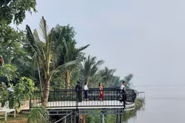 Du khách thưởng lãm vẻ đẹp hồ Đồng Mô, thị xã Sơn Tây (Hà Nội). (Ảnh: Đinh Thuận/TTXVN)