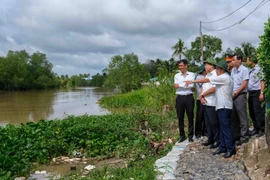 Đoàn công tác của Ủy ban Trung ương Mặt trận Tổ quốc Việt Nam kiểm tra tình hình sạt lở bờ sông Trà Nóc, quận Bình Thủy, thành phố Cần Thơ. (Ảnh: Thanh Liêm/TTXVN)