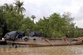 Một phương tiện khai thác cát trái phép (Ảnh: TTXVN phát) 