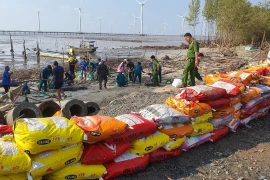 Ngành nông nghiệp tỉnh Bạc Liêu cùng chính quyền xã Vĩnh Trạch Đông, thành phố Bạc Liêu huy động lực lượng đóng bao đất, cát đắp xung quanh khu vực sạt lở, hạn chế khả năng vỡ đê. (Ảnh: TTXVN phát)