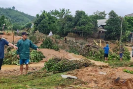Mưa lớn cũng làm sạt lở nhiều điểm trên tuyến tỉnh lộ 163, gây ách tắc giao thông trên địa bàn xã Yên Thái, huyện Văn Yên. (Ảnh: TTXVN phát)
