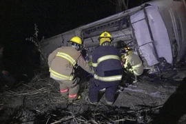 Lực lượng cứu hộ tiếp cận hiện trường xe buýt gặp nạn. (Nguồn: AP)