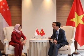 Chủ tịch nước Võ Văn Thưởng gặp Tổng thống Singapore Halimah Yacob. (Ảnh: Thống Nhất/TTXVN) 