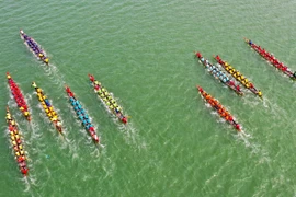 Đua thuyền trên sông Hàn chào mừng ngày Giải phóng thành phố Đà Nẵng. (Ảnh: Trần Lê Lâm/TTXVN) 