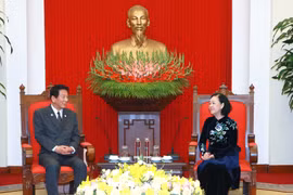 Thường trực Ban Bí thư Trương Thị Mai tiếp cựu Đại sứ đặc biệt Việt Nam-Nhật Bản Sugi Ryotaro. (Ảnh: Phương Hoa/TTXVN) 