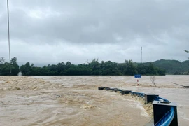 Mưa lớn khiến nước lũ dâng cao nhấn chím cầu Sơn Kỳ, huyện Sơn Hà, tỉnh Quảng Ngãi. (Nguồn: TTXVN) 