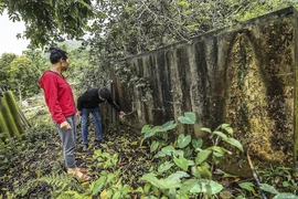 Một công trình nước sạch tự chảy được xây dựng trên 30 năm, dẫn nước từ mó nước Gốc Tăng để phục vụ cho trên 10 hộ dân xóm Dưng, xã Hiền Lương (Đà Bắc, Hòa Bình) đến nay đã hư hỏng, xuống cấp nghiêm trọng. (Ảnh: Thanh Hải/TTXVN) 