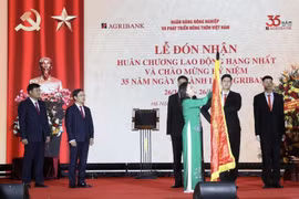 Phó Chủ tịch nước Võ Thị Ánh Xuân gắn Huân chương Lao động hạng Nhất lên lá cờ truyền thống của Ngân hàng Nông nghiệp và Phát triển nông thôn. (Ảnh: Lâm Khánh/TTXVN)