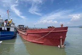 Dẫn giải tàu SG 7190 về cảng Hải đội 301 tại thành Phố Vũng Tàu để tiếp tục điều tra, xử lý theo quy định của pháp luật. Ảnh: TTXVN phát 