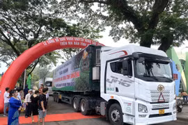 20 container với 360 tấn sầu riêng gồm giống Dona, Ri6 xuất bến sang thị trường Trung Quốc. (Ảnh: TTXVN phát)