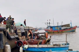 Lực lượng biên phòng và người dân tham gia hỗ trợ, ứng cứu tàu cá gặp nạn. (Ảnh: TTXVN phát)