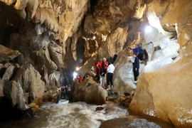 Đoàn chuyên gia UNESCO cùng lãnh đạo tỉnh, đại diện các sở, ban, ngành, địa phương tỉnh Lạng Sơn thực địa tại hang Keng Tao, Khu Du lịch sinh thái suối Mỏ Mắm, xã Chiến Thắng, huyện Bắc Sơn, tỉnh Lạng Sơn. (Ảnh: Văn Đạt/TTXVN)