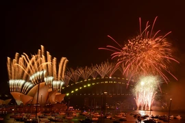 Pháo hoa mừng Năm mới rực rỡ trên cầu cảng Sydney. (Ảnh: AFP/TTXVN)