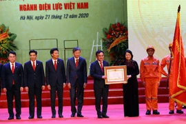 Phó Chủ tịch nước, Phó Chủ tịch Hội đồng thứ nhất Hội đồng Thi đua Khen thưởng Trung ương Đặng Thị Ngọc Thịnh trao danh hiệu Anh hùng Lao động thời kỳ đổi mới cho lãnh đạo EVN. (Ảnh: Huy Hùng/TTXVN)