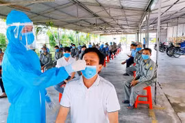 Lực lượng y tế huyện Cẩm Xuyên lấy mẫu xét nghiệm cho cán bộ, công nhân Công ty CP Sao Mai, Hà Tĩnh. (Ảnh: Công Tường/TTXVN)